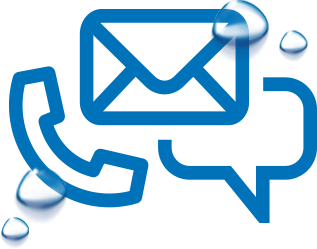 Mail and phone icons with water droplets.